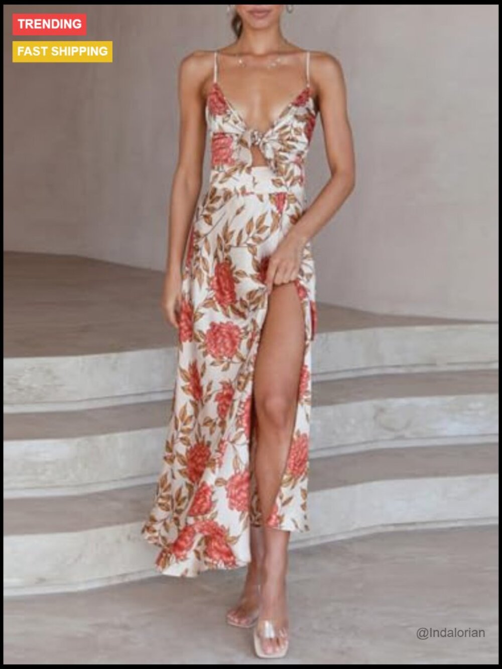 Women Spaghetti Strap Midi Satin Dress Tie Front Backless Slit Cutout Casual - Picture 3 of 7